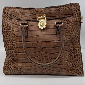 Michael Kors Hamilton Croc-Embossed Leather Tote Bag Brown Gold Authenticated